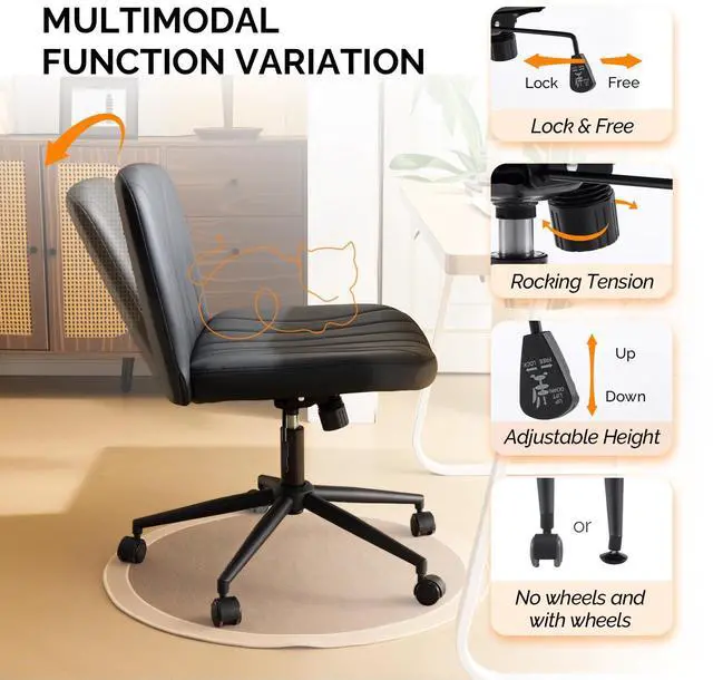 Alt view image 6 of 6 - Criss Cross Legged Chair,Wide Comfy Office Desk Chair,Dual-Use with/no Wheels Computer Task Chair,Swivel Armless Vanity Rolling Chair for Study,Make Up,Home Office,Cat Scratch PU Leather,Black
