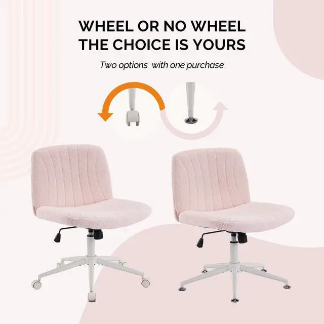 Alt view image 3 of 6 - Criss Cross Legged Chair,Wide Comfy Office Desk Chair,Dual-Use with/no Wheels Computer Task Chair,Swivel Armless Vanity Boucle Chair for Study,Make Up,Home Office,Teddy Fleece,Pink