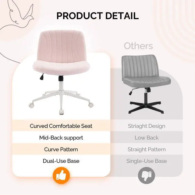 Alt view image 4 of 6 - Criss Cross Legged Chair,Wide Comfy Office Desk Chair,Dual-Use with/no Wheels Computer Task Chair,Swivel Armless Vanity Boucle Chair for Study,Make Up,Home Office,Teddy Fleece,Pink