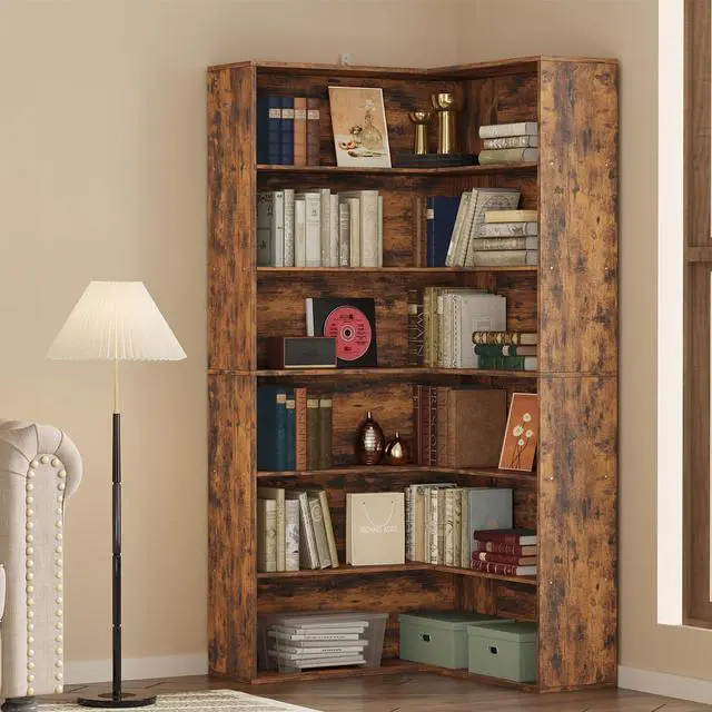 Main image of Corner Bookshelf, 6 Tiers Corner Bookcases with Baffles Etagere Shelf Storage Rack for Living Room Home Office, Vintage Brown