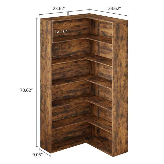 Alt view image 2 of 6 - Corner Bookshelf, 6 Tiers Corner Bookcases with Baffles Etagere Shelf Storage Rack for Living Room Home Office, Vintage Brown