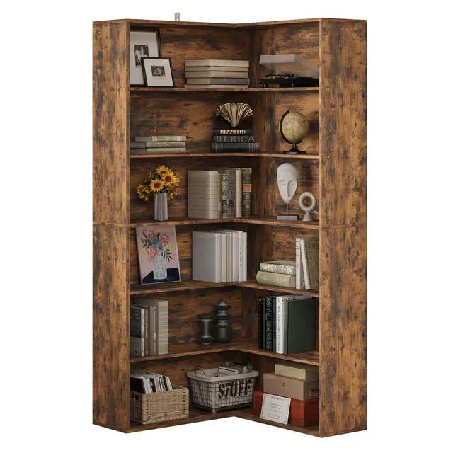 Alt view image 3 of 6 - Corner Bookshelf, 6 Tiers Corner Bookcases with Baffles Etagere Shelf Storage Rack for Living Room Home Office, Vintage Brown