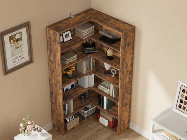 Alt view image 6 of 6 - Corner Bookshelf, 6 Tiers Corner Bookcases with Baffles Etagere Shelf Storage Rack for Living Room Home Office, Vintage Brown