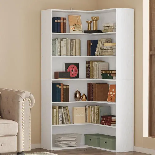 Main image of Corner Bookshelf, 6 Tiers Corner Bookcases with Baffles Etagere Shelf Storage Rack for Living Room Home Office, White