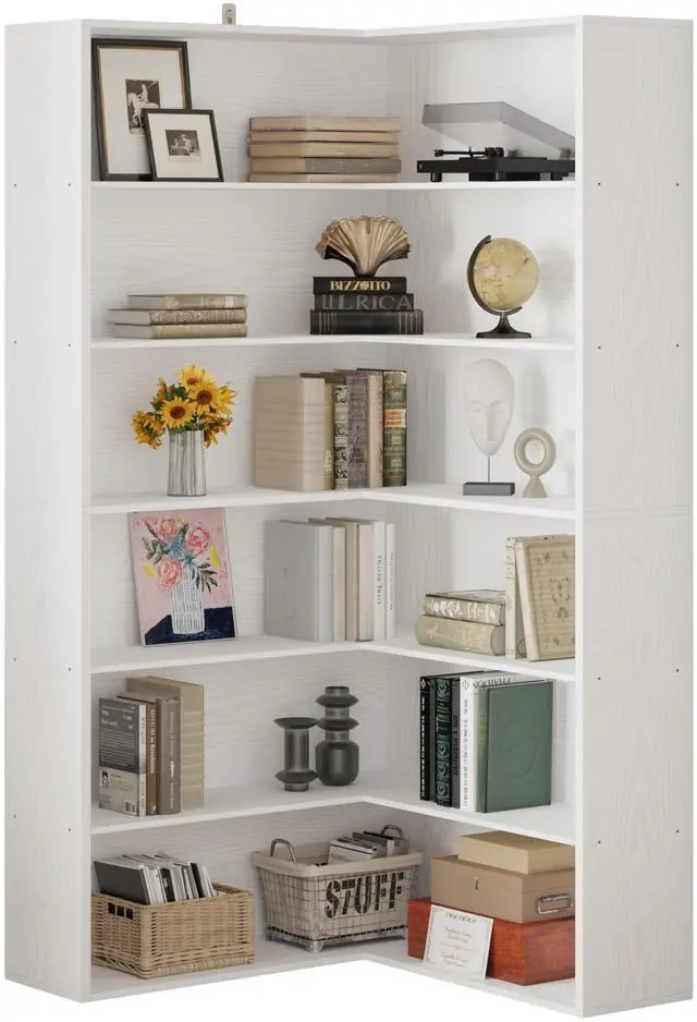 Alt view image 3 of 6 - Corner Bookshelf, 6 Tiers Corner Bookcases with Baffles Etagere Shelf Storage Rack for Living Room Home Office, White