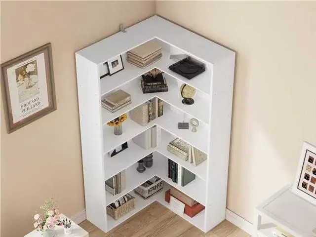 Alt view image 6 of 6 - Corner Bookshelf, 6 Tiers Corner Bookcases with Baffles Etagere Shelf Storage Rack for Living Room Home Office, White