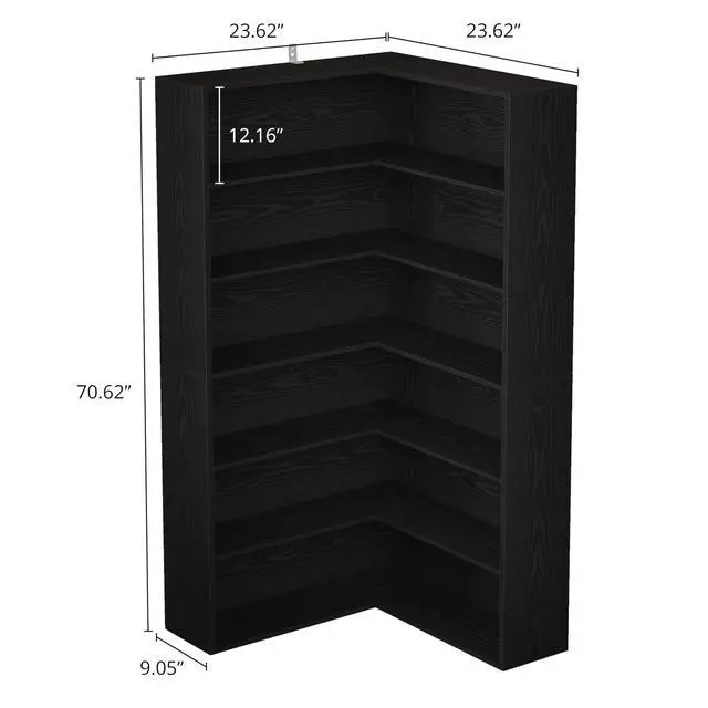 Alt view image 2 of 6 - Corner Bookshelf, 6 Tiers Corner Bookcases with Baffles Etagere Shelf Storage Rack for Living Room Home Office, Black