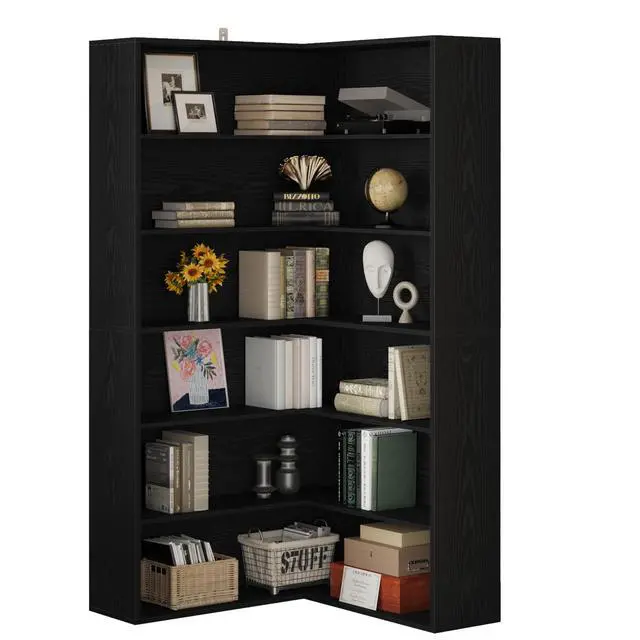Alt view image 3 of 6 - Corner Bookshelf, 6 Tiers Corner Bookcases with Baffles Etagere Shelf Storage Rack for Living Room Home Office, Black