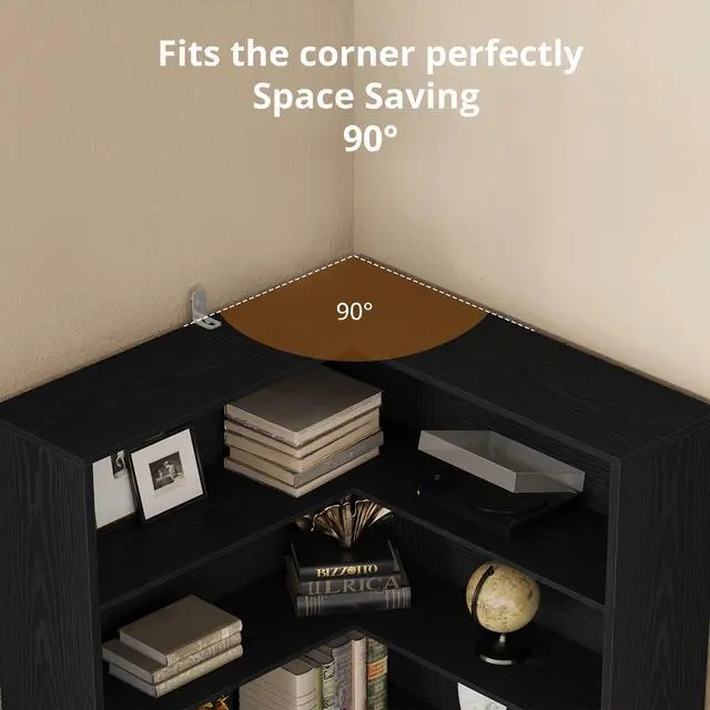Alt view image 4 of 6 - Corner Bookshelf, 6 Tiers Corner Bookcases with Baffles Etagere Shelf Storage Rack for Living Room Home Office, Black