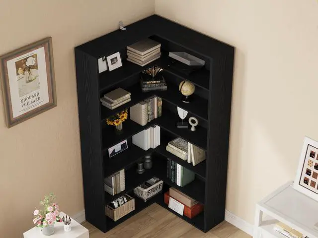 Alt view image 6 of 6 - Corner Bookshelf, 6 Tiers Corner Bookcases with Baffles Etagere Shelf Storage Rack for Living Room Home Office, Black