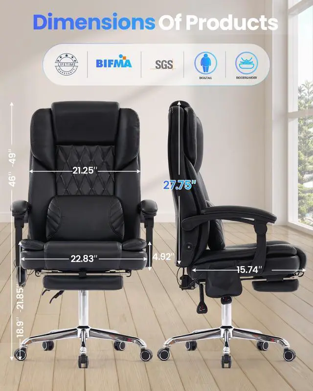 Alt view image 2 of 6 - Big and Tall Office Chair with 3D Kneading Massage Lumbar Support, Office Chairs for Back Pain Relief, Ergonomic Comfort 130° Reclining Desk Chairs Managerial Chairs for Heavy People