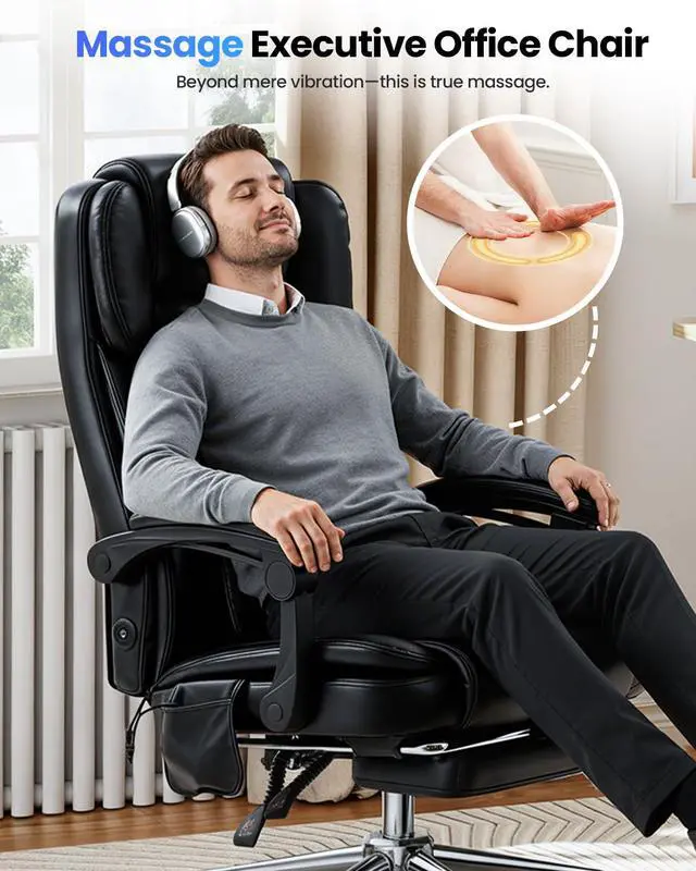 Alt view image 4 of 6 - Big and Tall Office Chair with 3D Kneading Massage Lumbar Support, Office Chairs for Back Pain Relief, Ergonomic Comfort 130° Reclining Desk Chairs Managerial Chairs for Heavy People
