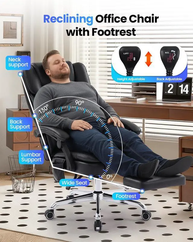 Alt view image 6 of 6 - Big and Tall Office Chair with 3D Kneading Massage Lumbar Support, Office Chairs for Back Pain Relief, Ergonomic Comfort 130° Reclining Desk Chairs Managerial Chairs for Heavy People