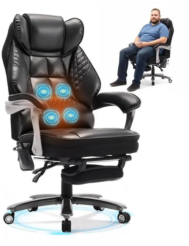 Main image of Big and Tall Office Chair with Massage and Heat, 23.5" Wide Leather Office Chair with Back Support, Ergonomic Comfort 140° Reclining Desk Chairs Managerial Chairs for Heavy People