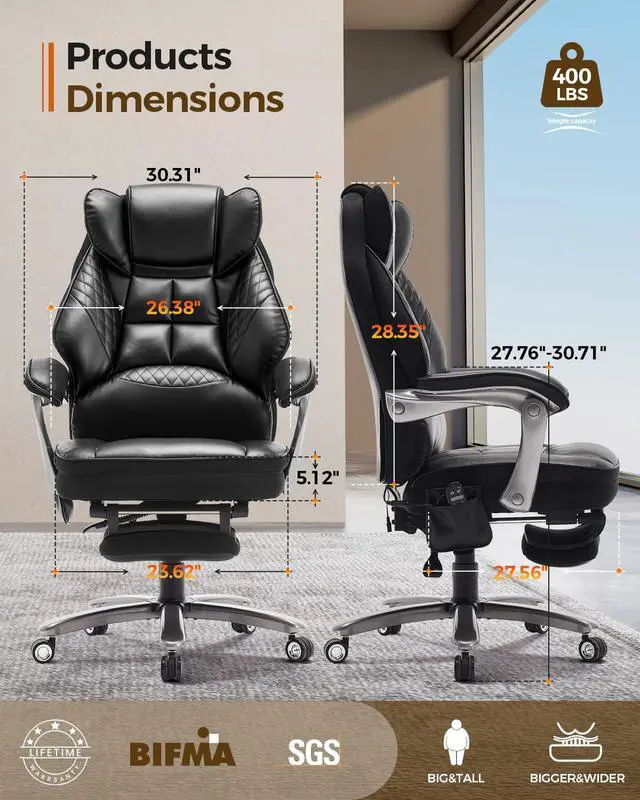 Alt view image 2 of 6 - Big and Tall Office Chair with Massage and Heat, 23.5" Wide Leather Office Chair with Back Support, Ergonomic Comfort 140° Reclining Desk Chairs Managerial Chairs for Heavy People