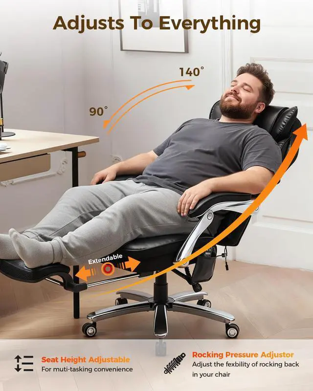 Alt view image 3 of 6 - Big and Tall Office Chair with Massage and Heat, 23.5" Wide Leather Office Chair with Back Support, Ergonomic Comfort 140° Reclining Desk Chairs Managerial Chairs for Heavy People