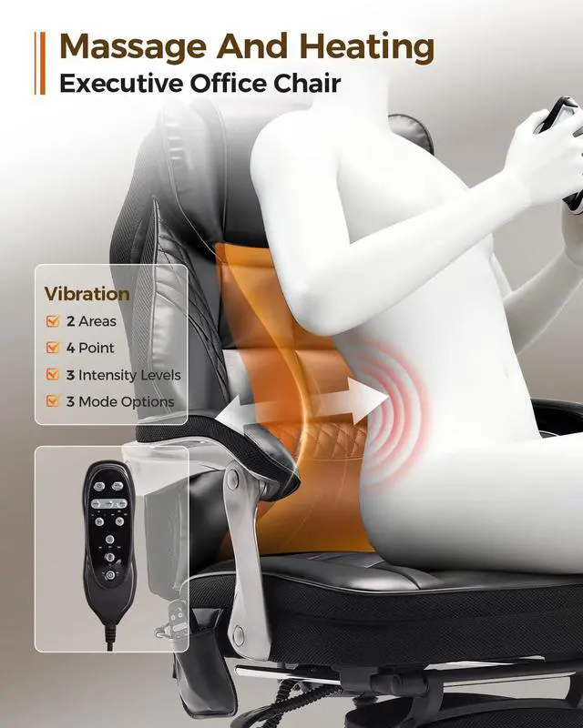 Alt view image 4 of 6 - Big and Tall Office Chair with Massage and Heat, 23.5" Wide Leather Office Chair with Back Support, Ergonomic Comfort 140° Reclining Desk Chairs Managerial Chairs for Heavy People