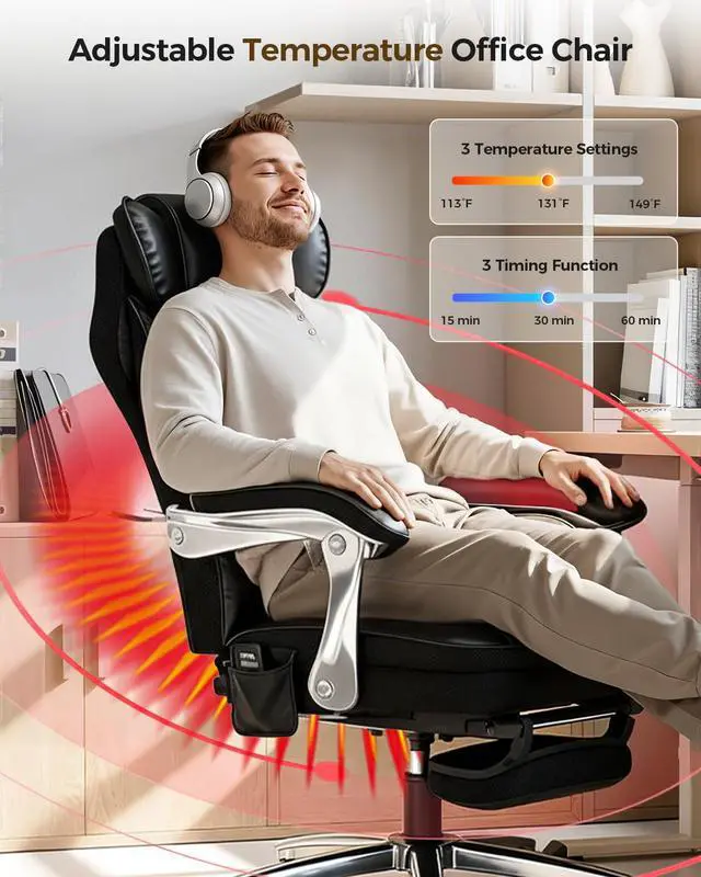 Alt view image 5 of 6 - Big and Tall Office Chair with Massage and Heat, 23.5" Wide Leather Office Chair with Back Support, Ergonomic Comfort 140° Reclining Desk Chairs Managerial Chairs for Heavy People