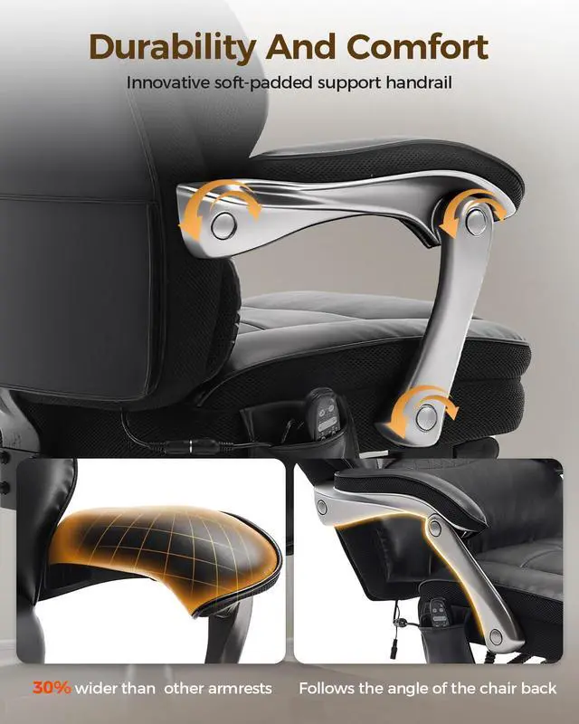 Alt view image 6 of 6 - Big and Tall Office Chair with Massage and Heat, 23.5" Wide Leather Office Chair with Back Support, Ergonomic Comfort 140° Reclining Desk Chairs Managerial Chairs for Heavy People