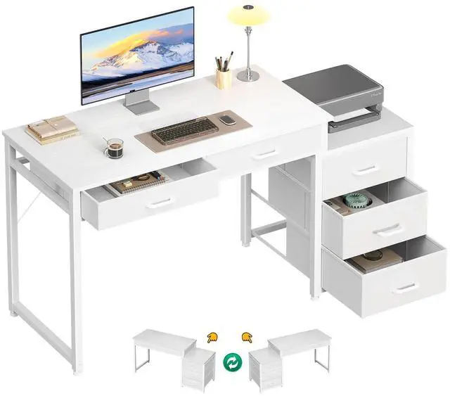 Main image of Computer Desk with 5 Drawers, 53 Inch Office Desk with Printer Shelf, Reversible Vanity Desk for Home Bedroom, Writing Table Desk for Storage, White