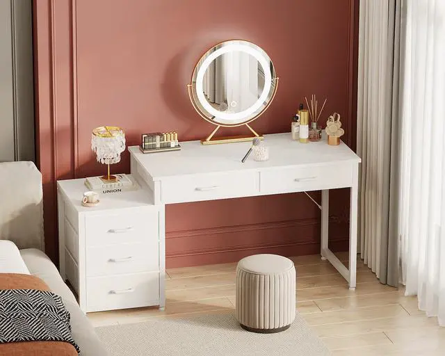 Alt view image 2 of 6 - Computer Desk with 5 Drawers, 53 Inch Office Desk with Printer Shelf, Reversible Vanity Desk for Home Bedroom, Writing Table Desk for Storage, White