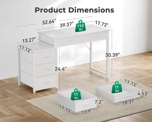 Alt view image 3 of 6 - Computer Desk with 5 Drawers, 53 Inch Office Desk with Printer Shelf, Reversible Vanity Desk for Home Bedroom, Writing Table Desk for Storage, White