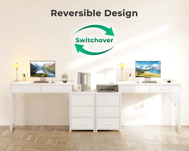 Alt view image 6 of 6 - Computer Desk with 5 Drawers, 53 Inch Office Desk with Printer Shelf, Reversible Vanity Desk for Home Bedroom, Writing Table Desk for Storage, White