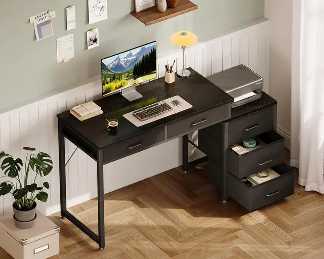 Alt view image 2 of 6 - Computer Desk with 5 Drawers, 53 Inch Office Desk with Printer Shelf, Reversible Gaming Desk for Home Bedroom, Writing Table Desk with for Storage, Black