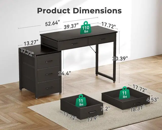Alt view image 3 of 6 - Computer Desk with 5 Drawers, 53 Inch Office Desk with Printer Shelf, Reversible Gaming Desk for Home Bedroom, Writing Table Desk with for Storage, Black