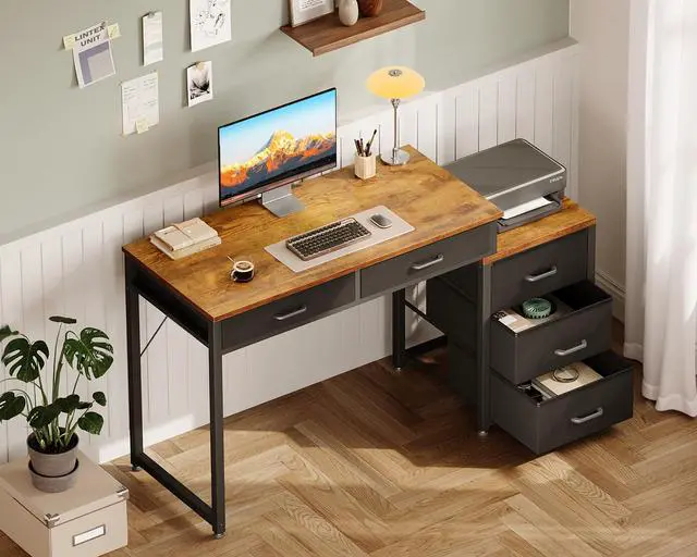 Alt view image 2 of 6 - Computer Desk with 5 Drawers, 53 Inch Office Desk with Printer Shelf, Reversible Work Desk for Home Office, Writing Table Desk for Storage, Rustic Brown