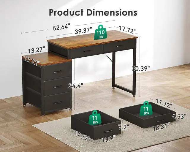 Alt view image 3 of 6 - Computer Desk with 5 Drawers, 53 Inch Office Desk with Printer Shelf, Reversible Work Desk for Home Office, Writing Table Desk for Storage, Rustic Brown