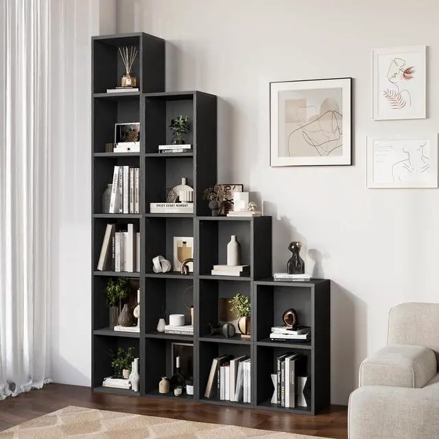 Alt view image 2 of 6 - 71.5" Tall Narrow Bookshelf, 6-Tier Cube Display Rack, Modern Corner Bookshelf with Storage Space, CD Storage Cabinet for Home Office (Black 1 Pack, 6-Tier)