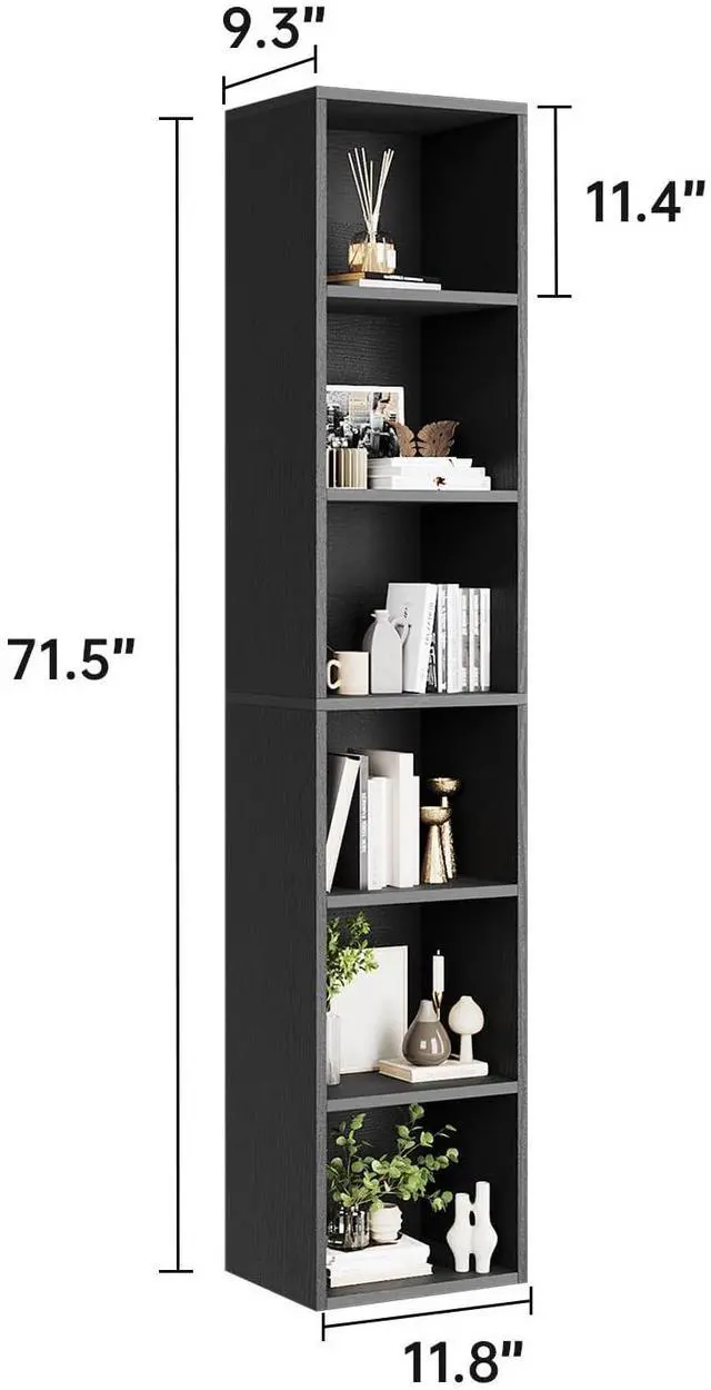 Alt view image 3 of 6 - 71.5" Tall Narrow Bookshelf, 6-Tier Cube Display Rack, Modern Corner Bookshelf with Storage Space, CD Storage Cabinet for Home Office (Black 1 Pack, 6-Tier)