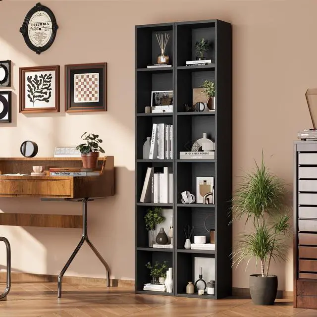 Alt view image 5 of 6 - 71.5" Tall Narrow Bookshelf, 6-Tier Cube Display Rack, Modern Corner Bookshelf with Storage Space, CD Storage Cabinet for Home Office (Black 1 Pack, 6-Tier)