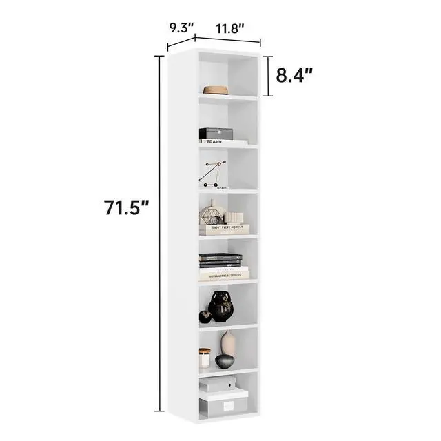 Alt view image 3 of 5 - 71.5" Tall Narrow Bookshelf, 8-Tier Cube Display Rack, Modern Corner Bookshelf with Storage Space, CD Storage Cabinet for Home Office (White 1 Pack, 8-Tier)