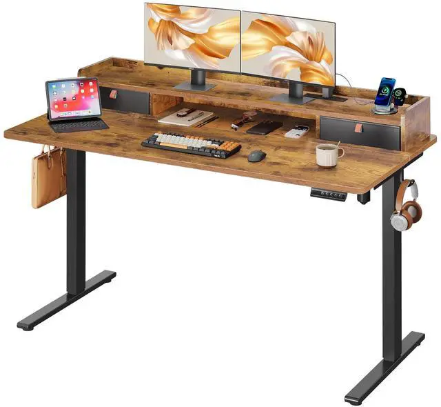 Main image of 55 Inch Electric Standing Desk with Shelf, Adjustable Computer Desk for Home Office, with LED Touchscreen,Headphone Hook, 3 Memory Preset, with One-Piece Desktop, Rustic Brown