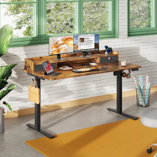 Alt view image 2 of 6 - 55 Inch Electric Standing Desk with Shelf, Adjustable Computer Desk for Home Office, with LED Touchscreen,Headphone Hook, 3 Memory Preset, with One-Piece Desktop, Rustic Brown
