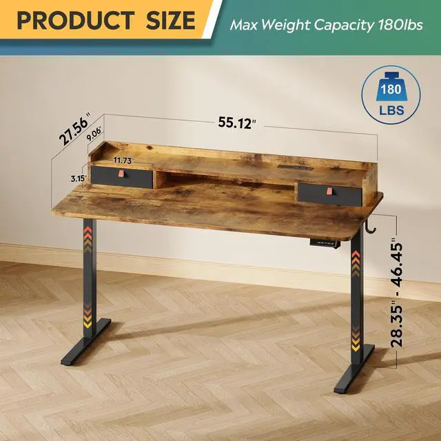 Alt view image 3 of 6 - 55 Inch Electric Standing Desk with Shelf, Adjustable Computer Desk for Home Office, with LED Touchscreen,Headphone Hook, 3 Memory Preset, with One-Piece Desktop, Rustic Brown