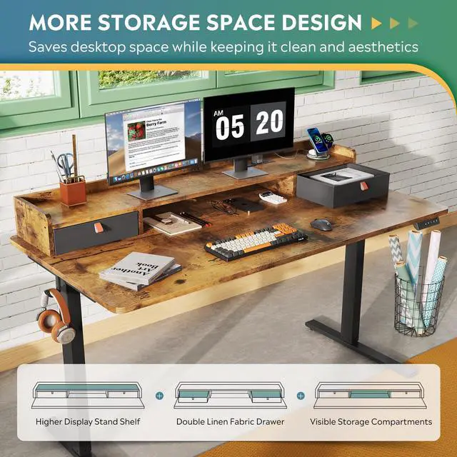 Alt view image 4 of 6 - 55 Inch Electric Standing Desk with Shelf, Adjustable Computer Desk for Home Office, with LED Touchscreen,Headphone Hook, 3 Memory Preset, with One-Piece Desktop, Rustic Brown