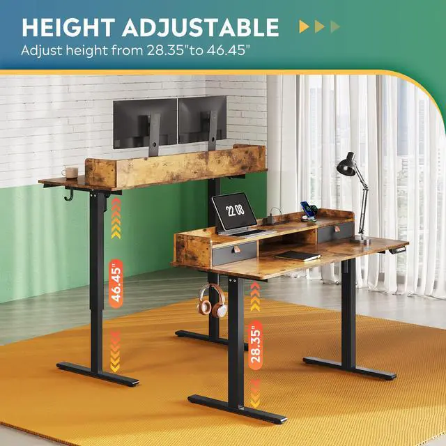 Alt view image 6 of 6 - 55 Inch Electric Standing Desk with Shelf, Adjustable Computer Desk for Home Office, with LED Touchscreen,Headphone Hook, 3 Memory Preset, with One-Piece Desktop, Rustic Brown