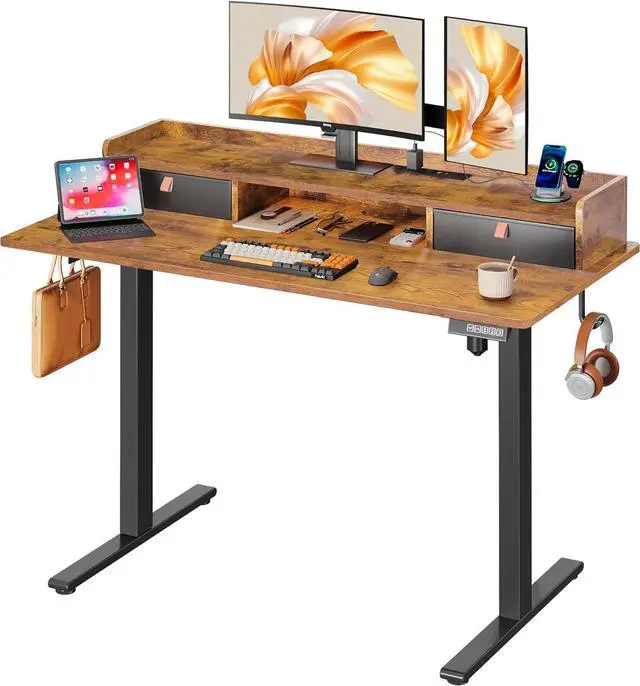 Main image of 48 Inch Electric Standing Desk with Shelf, 3 Adjustable Computer Desk for Home Office, with LED Touchscreen,Headphone Hook, 3 Memory Preset, with One-Piece Desktop, Rustic Brown