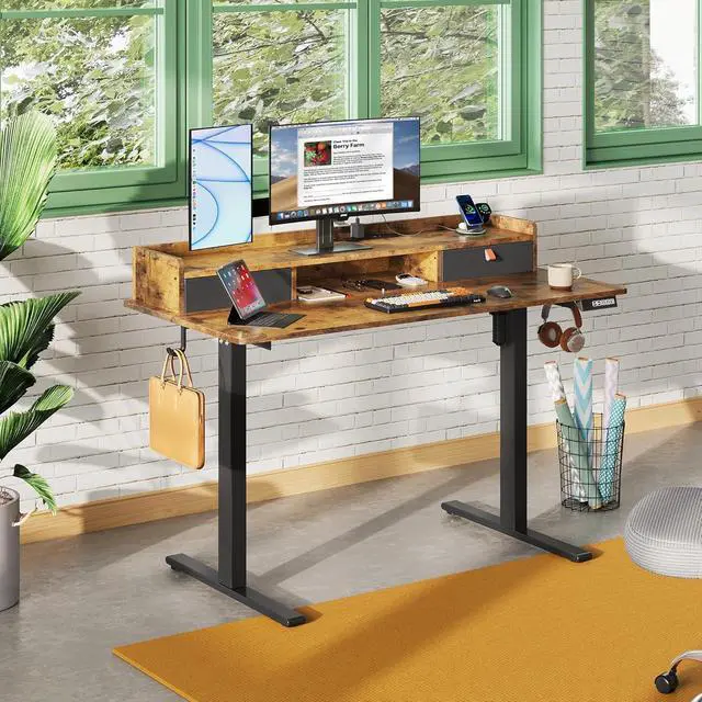 Alt view image 2 of 6 - 48 Inch Electric Standing Desk with Shelf, 3 Adjustable Computer Desk for Home Office, with LED Touchscreen,Headphone Hook, 3 Memory Preset, with One-Piece Desktop, Rustic Brown