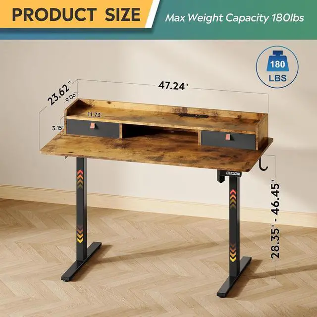 Alt view image 3 of 6 - 48 Inch Electric Standing Desk with Shelf, 3 Adjustable Computer Desk for Home Office, with LED Touchscreen,Headphone Hook, 3 Memory Preset, with One-Piece Desktop, Rustic Brown