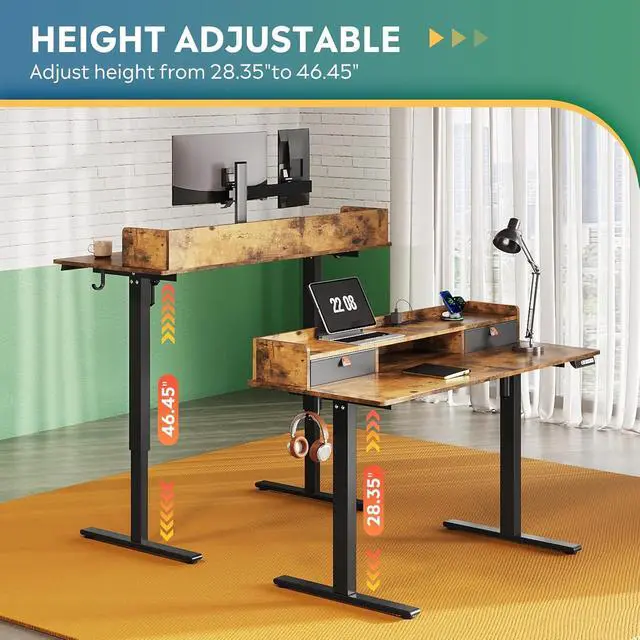 Alt view image 4 of 6 - 48 Inch Electric Standing Desk with Shelf, 3 Adjustable Computer Desk for Home Office, with LED Touchscreen,Headphone Hook, 3 Memory Preset, with One-Piece Desktop, Rustic Brown
