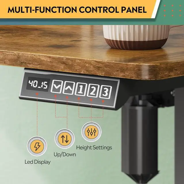 Alt view image 5 of 6 - 48 Inch Electric Standing Desk with Shelf, 3 Adjustable Computer Desk for Home Office, with LED Touchscreen,Headphone Hook, 3 Memory Preset, with One-Piece Desktop, Rustic Brown