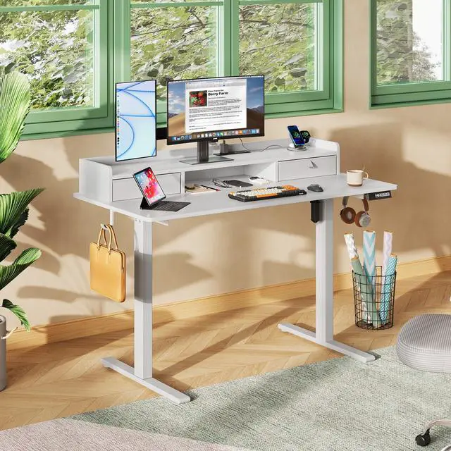 Alt view image 2 of 6 - 48 Inch Electric Standing Desk with Shelf, Adjustable Computer Desk for Home Office, with LED Touchscreen,Headphone Hook, 3 Memory Preset, with One-Piece Desktop, White