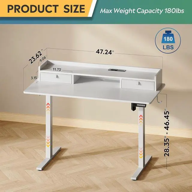 Alt view image 3 of 6 - 48 Inch Electric Standing Desk with Shelf, Adjustable Computer Desk for Home Office, with LED Touchscreen,Headphone Hook, 3 Memory Preset, with One-Piece Desktop, White
