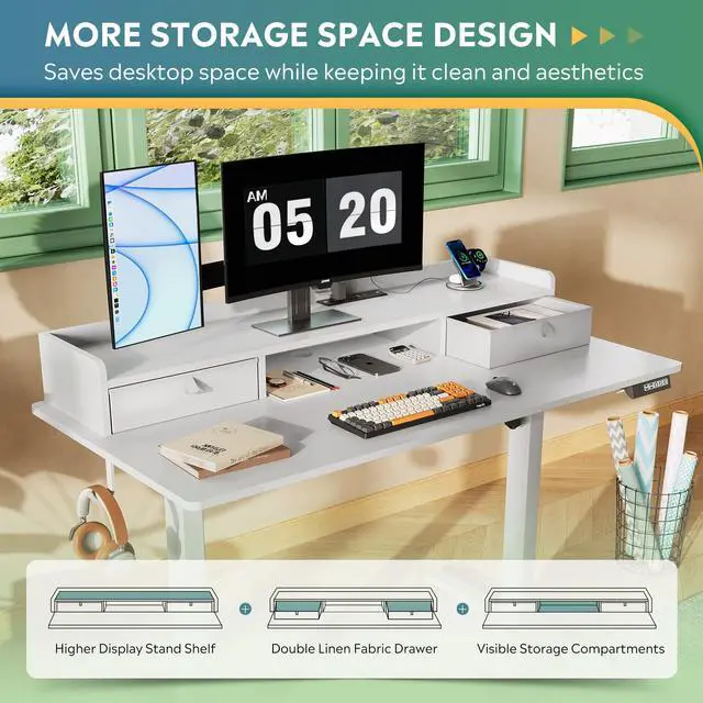 Alt view image 4 of 6 - 48 Inch Electric Standing Desk with Shelf, Adjustable Computer Desk for Home Office, with LED Touchscreen,Headphone Hook, 3 Memory Preset, with One-Piece Desktop, White