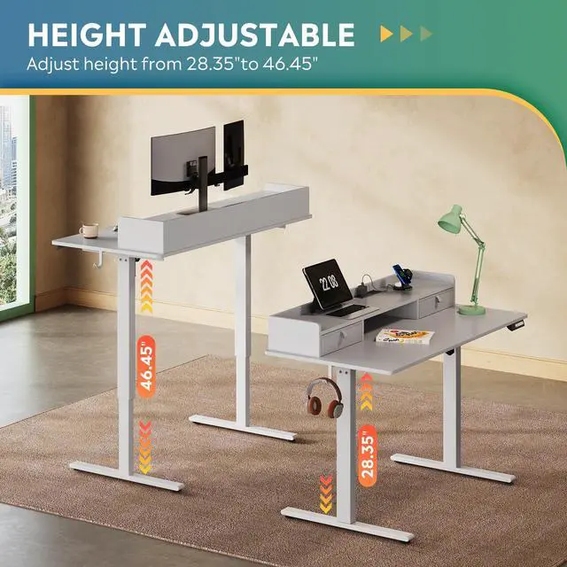 Alt view image 6 of 6 - 48 Inch Electric Standing Desk with Shelf, Adjustable Computer Desk for Home Office, with LED Touchscreen,Headphone Hook, 3 Memory Preset, with One-Piece Desktop, White
