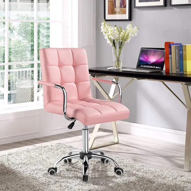 Alt view image 2 of 6 - Modern PU Leather Desk Office Chairs with Wheels/Armrests Height Adjustable Home Computer Executive Chair on Wheels 360° Swivel, Pink